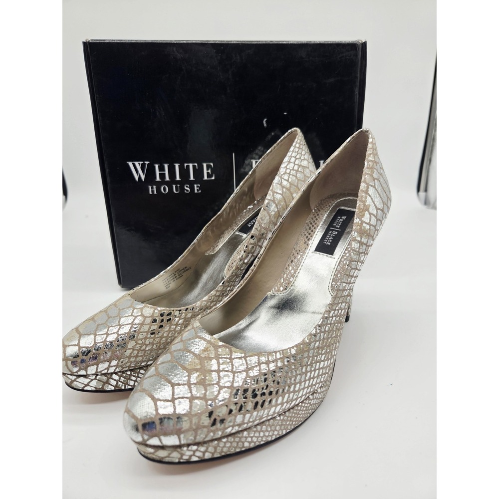 White House Black Market Womens Snowflake Silver Snake Print Leather Heel Pump 8